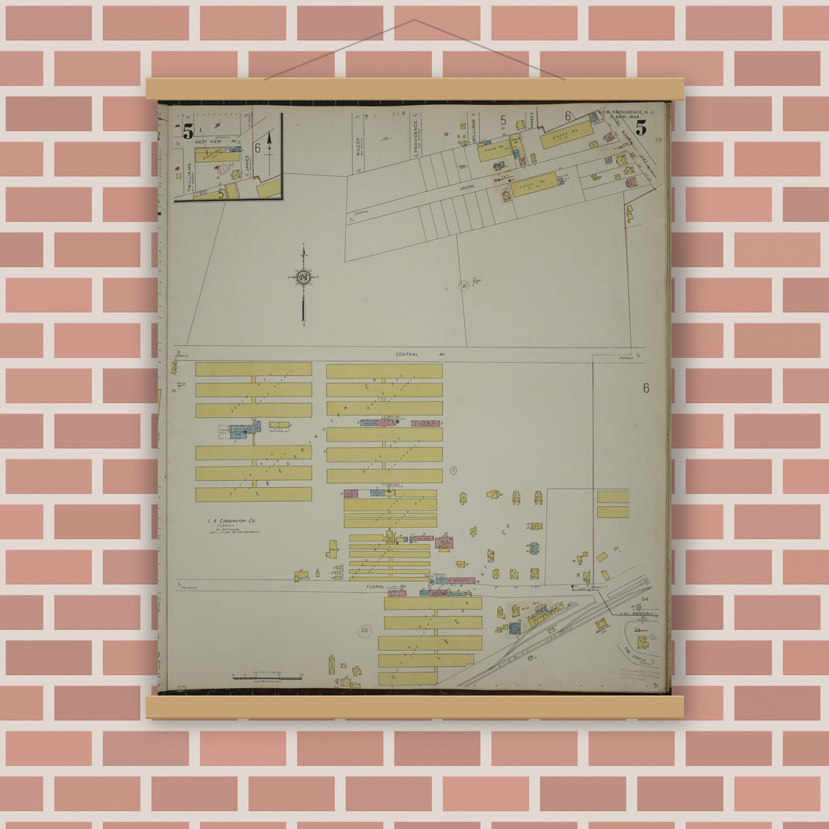 Old map wall art mockup — magnetic wood frame on brick wall — Sanborn Fire Insurance Map from New Providence, Union County, New Jersey (1944), Sheet #0005