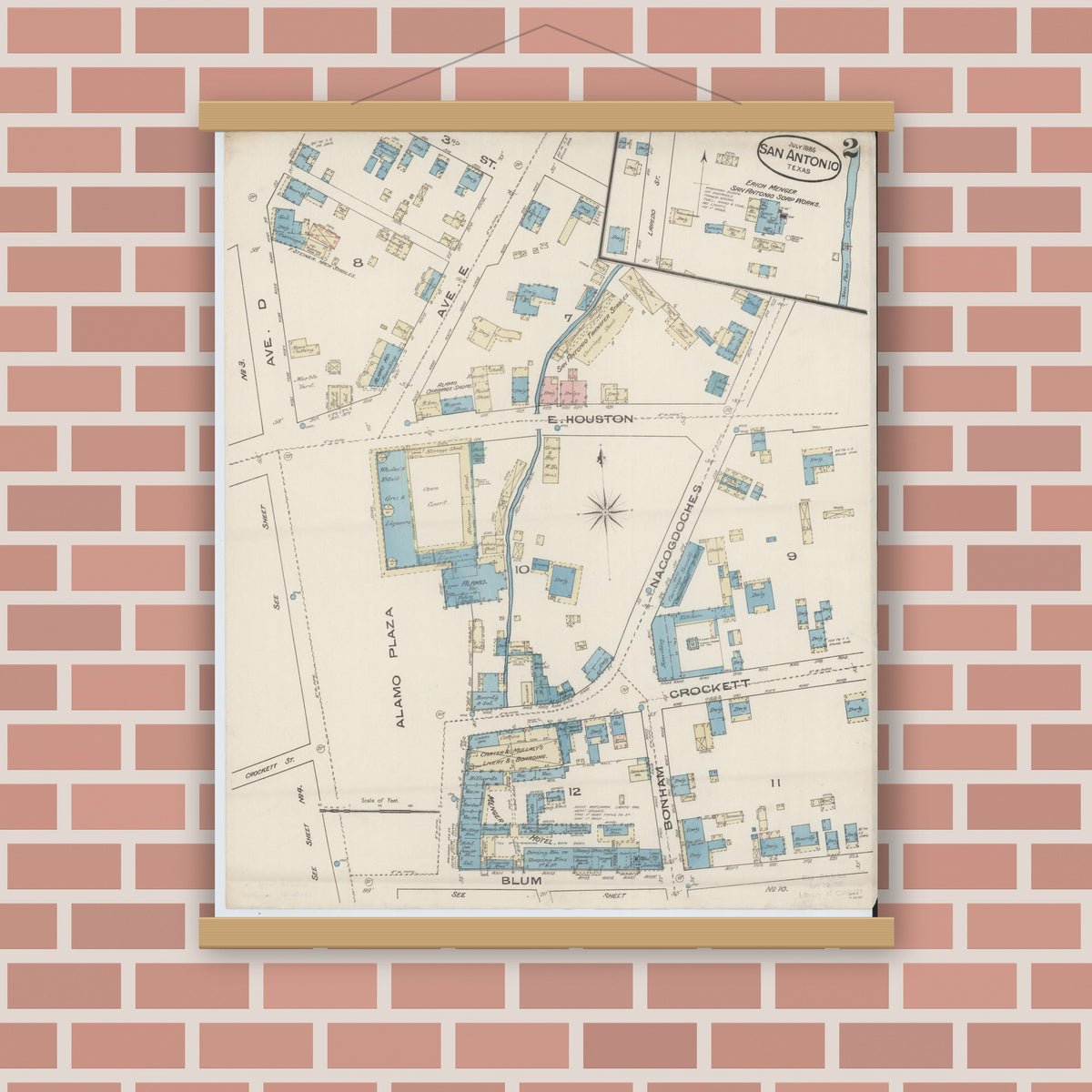 Old map wall art mockup — magnetic wood frame on brick wall — Sanborn Fire Insurance Map from San Antonio, Bexar County, Texas (1885), Sheet #0002