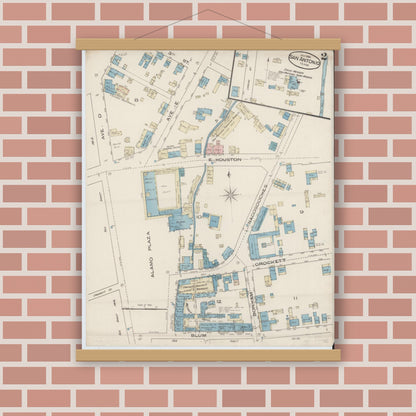 Old map wall art mockup — magnetic wood frame on brick wall — Sanborn Fire Insurance Map from San Antonio, Bexar County, Texas (1885), Sheet #0002