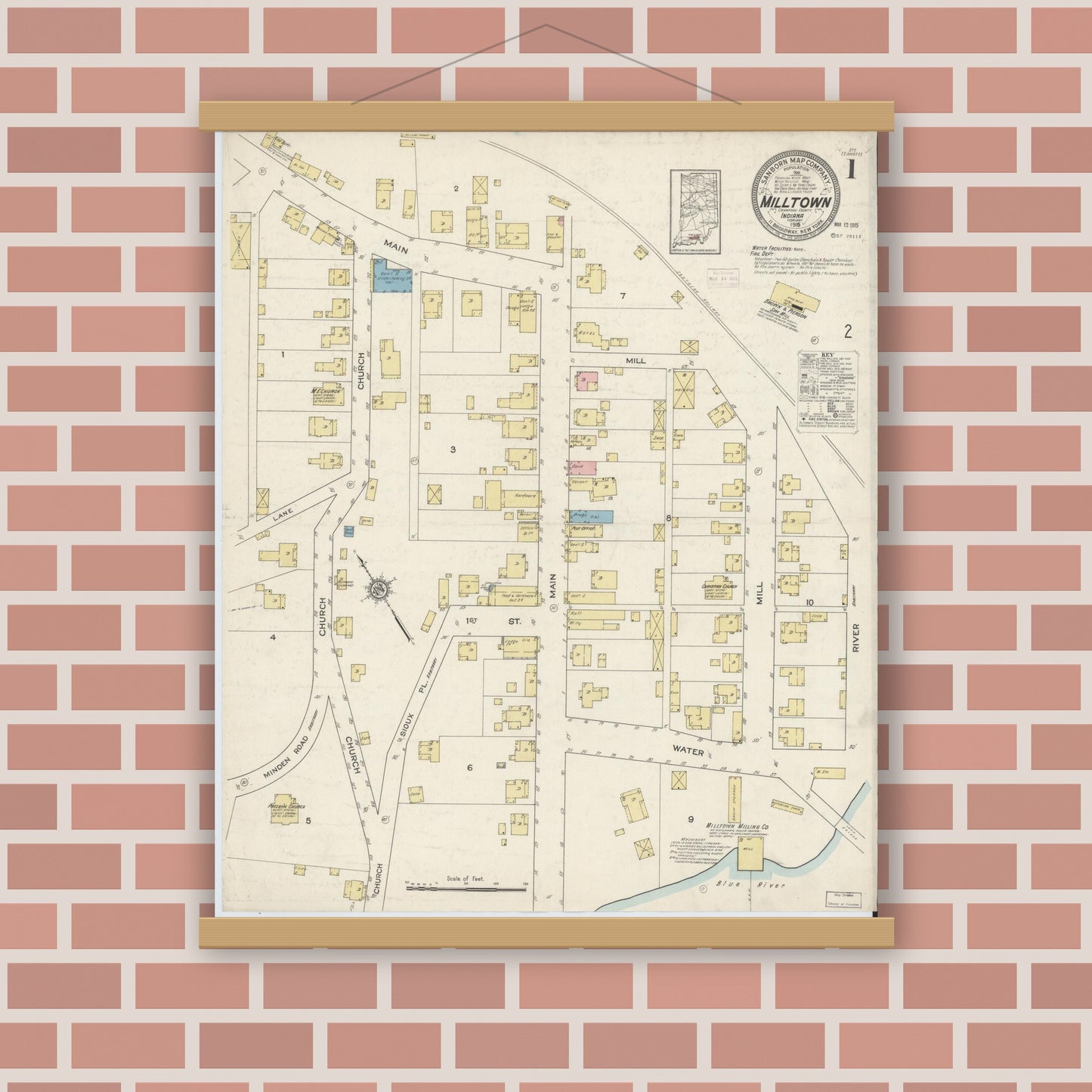 Old map wall art mockup — magnetic wood frame on brick wall — Sanborn Fire Insurance Map from Milltown, Crawford And Harrison Counties, Indiana (1915), Sheet #0001