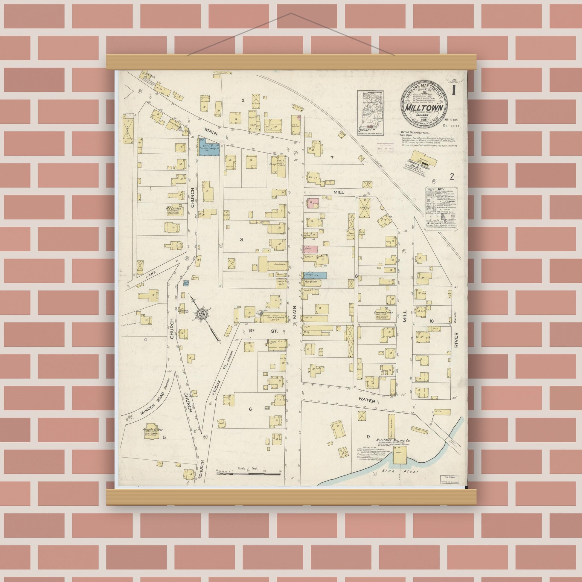 Old map wall art mockup — magnetic wood frame on brick wall — Sanborn Fire Insurance Map from Milltown, Crawford And Harrison Counties, Indiana (1915), Sheet #0001