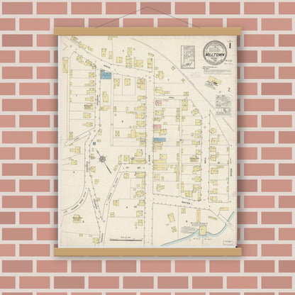 Old map wall art mockup — magnetic wood frame on brick wall — Sanborn Fire Insurance Map from Milltown, Crawford And Harrison Counties, Indiana (1915), Sheet #0001