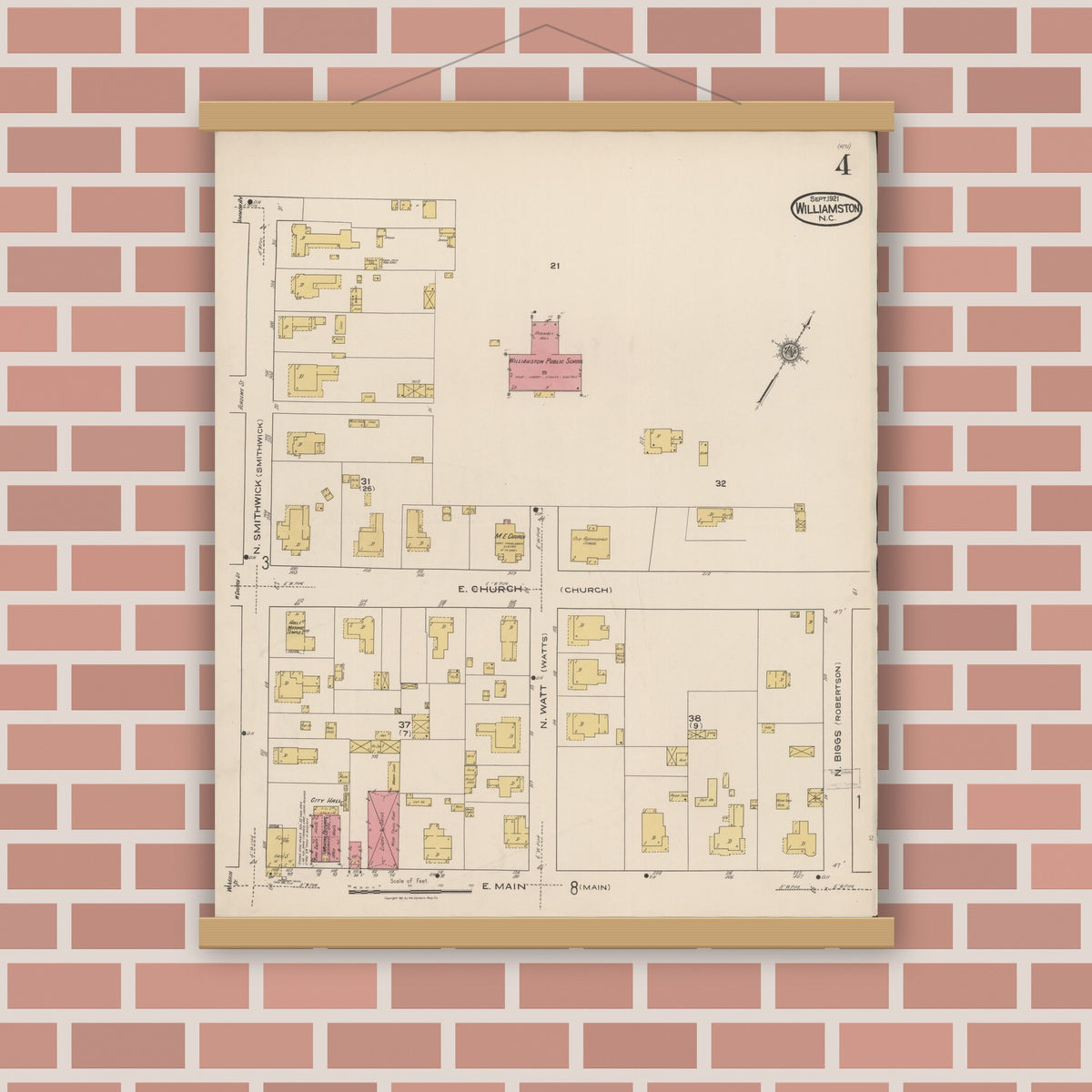 Old map wall art mockup — magnetic wood frame on brick wall — Sanborn Fire Insurance Map from Williamston, Martin County, North Carolina (1921), Sheet #0004