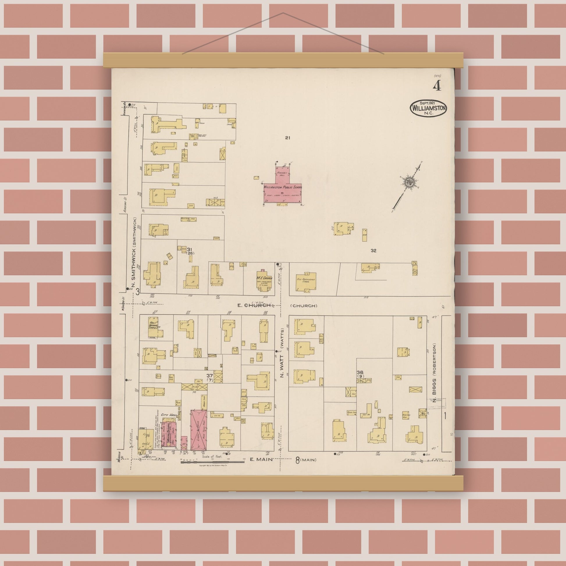 Old map wall art mockup — magnetic wood frame on brick wall — Sanborn Fire Insurance Map from Williamston, Martin County, North Carolina (1921), Sheet #0004