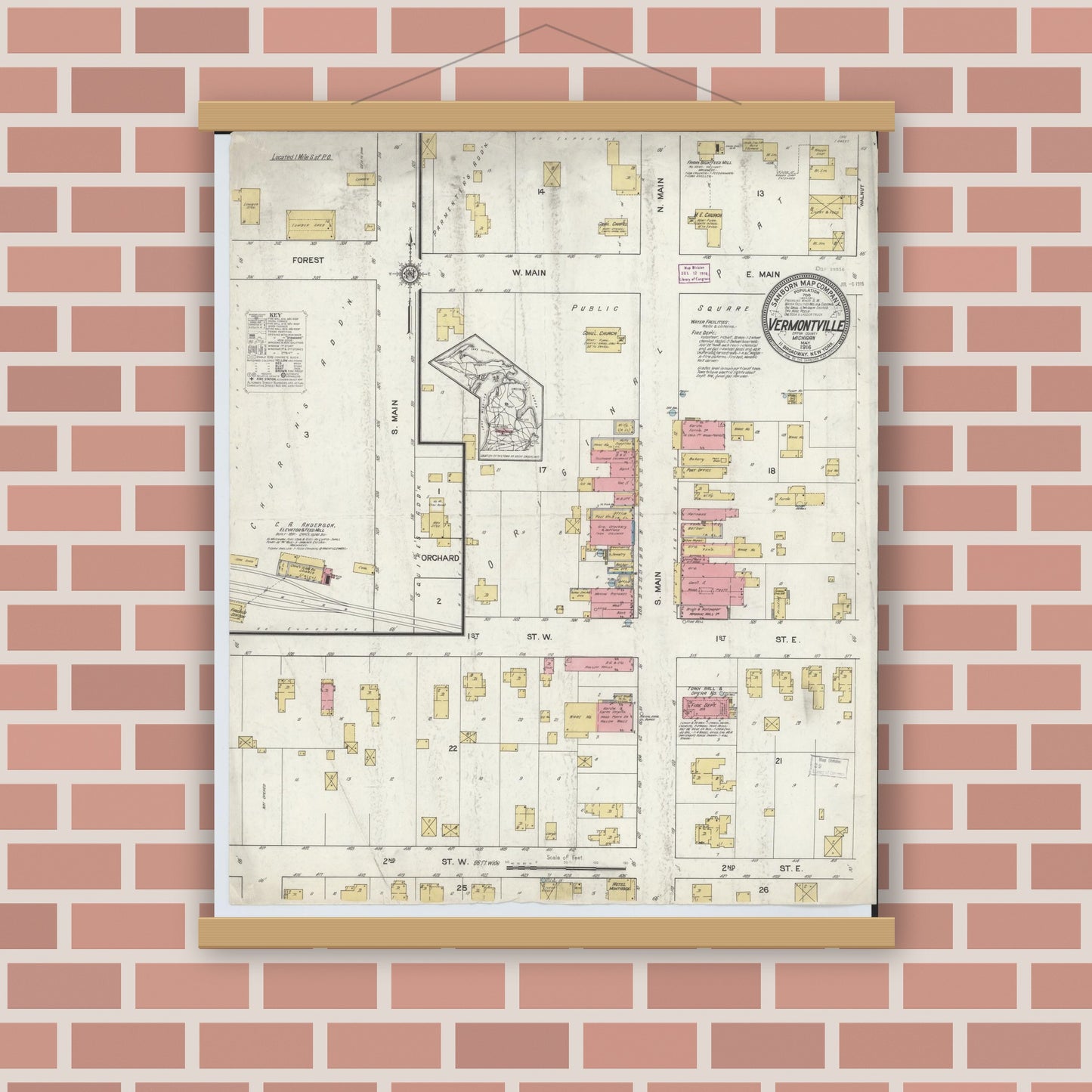 Old map wall art mockup — magnetic wood frame on brick wall — Sanborn Fire Insurance Map from Vermontville, Eaton County, Michigan (1916), Sheet #0001