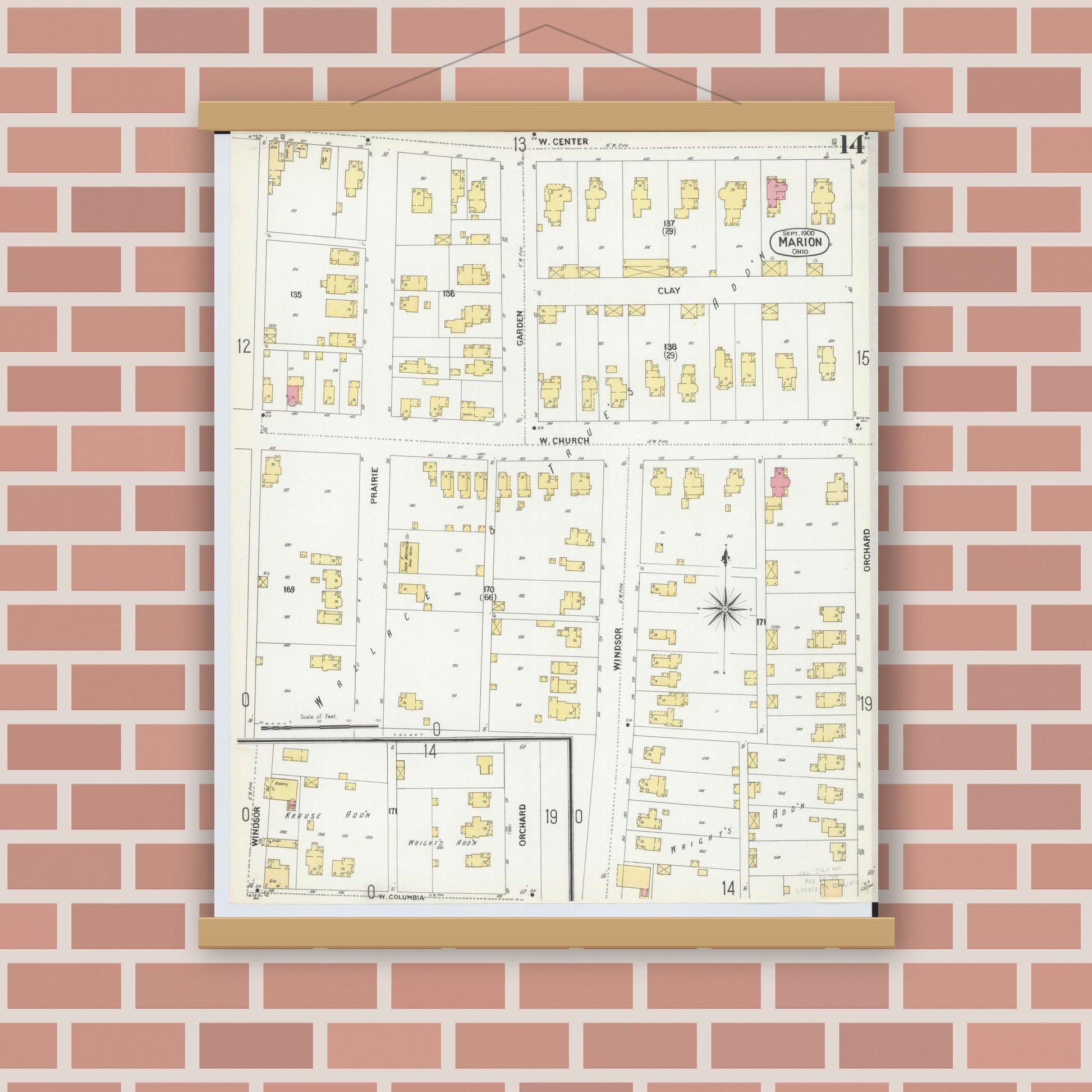 Old map wall art mockup — magnetic wood frame on brick wall — Sanborn Fire Insurance Map from Marion, Marion County, Ohio (1900), Sheet #0014