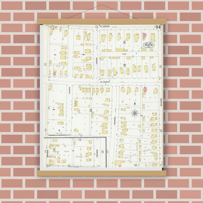 Old map wall art mockup — magnetic wood frame on brick wall — Sanborn Fire Insurance Map from Marion, Marion County, Ohio (1900), Sheet #0014