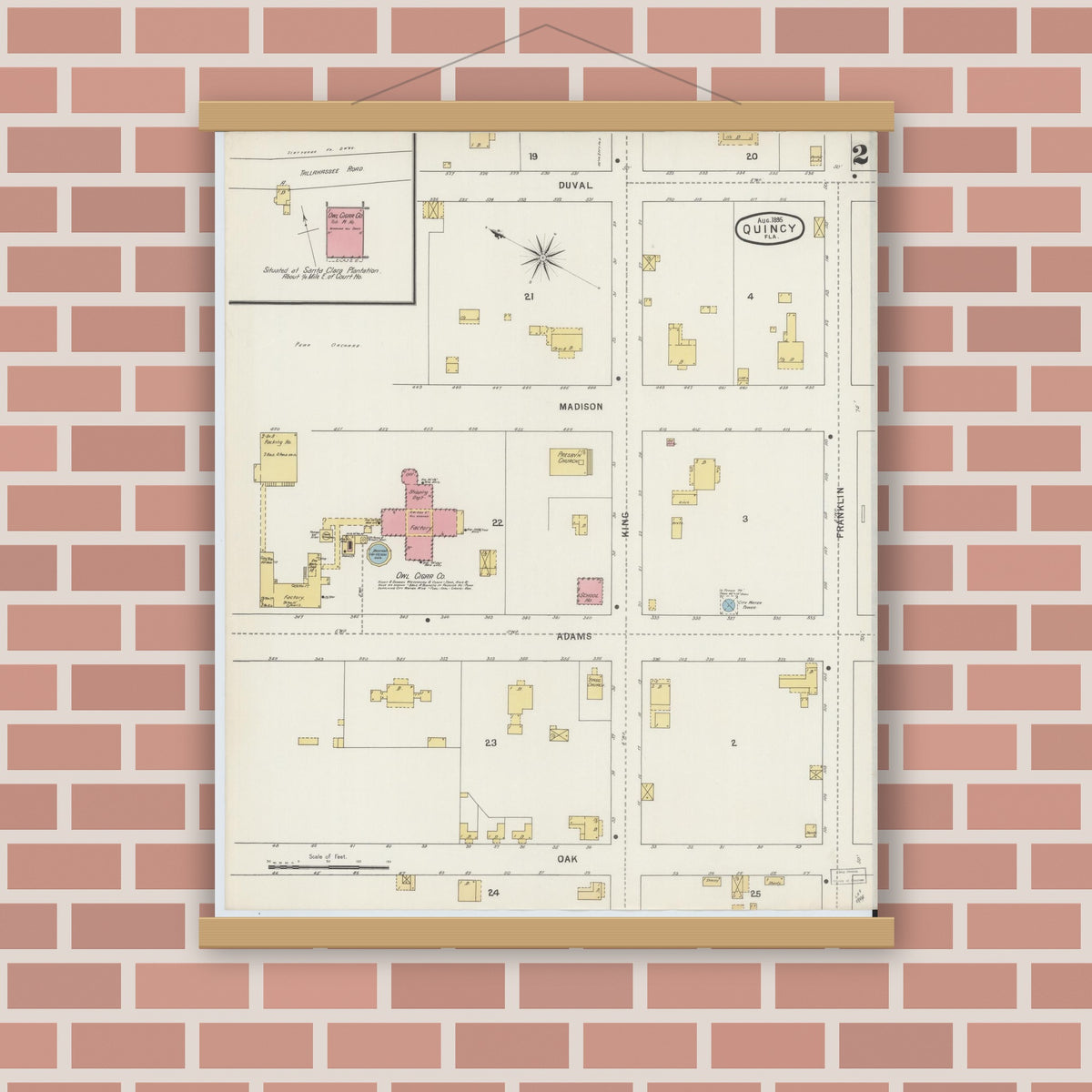 Old map wall art mockup — magnetic wood frame on brick wall — Sanborn Fire Insurance Map from Quincy, Gadsden County, Florida (1895), Sheet #0002