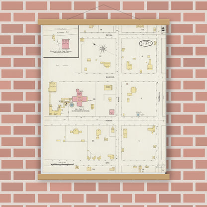 Old map wall art mockup — magnetic wood frame on brick wall — Sanborn Fire Insurance Map from Quincy, Gadsden County, Florida (1895), Sheet #0002
