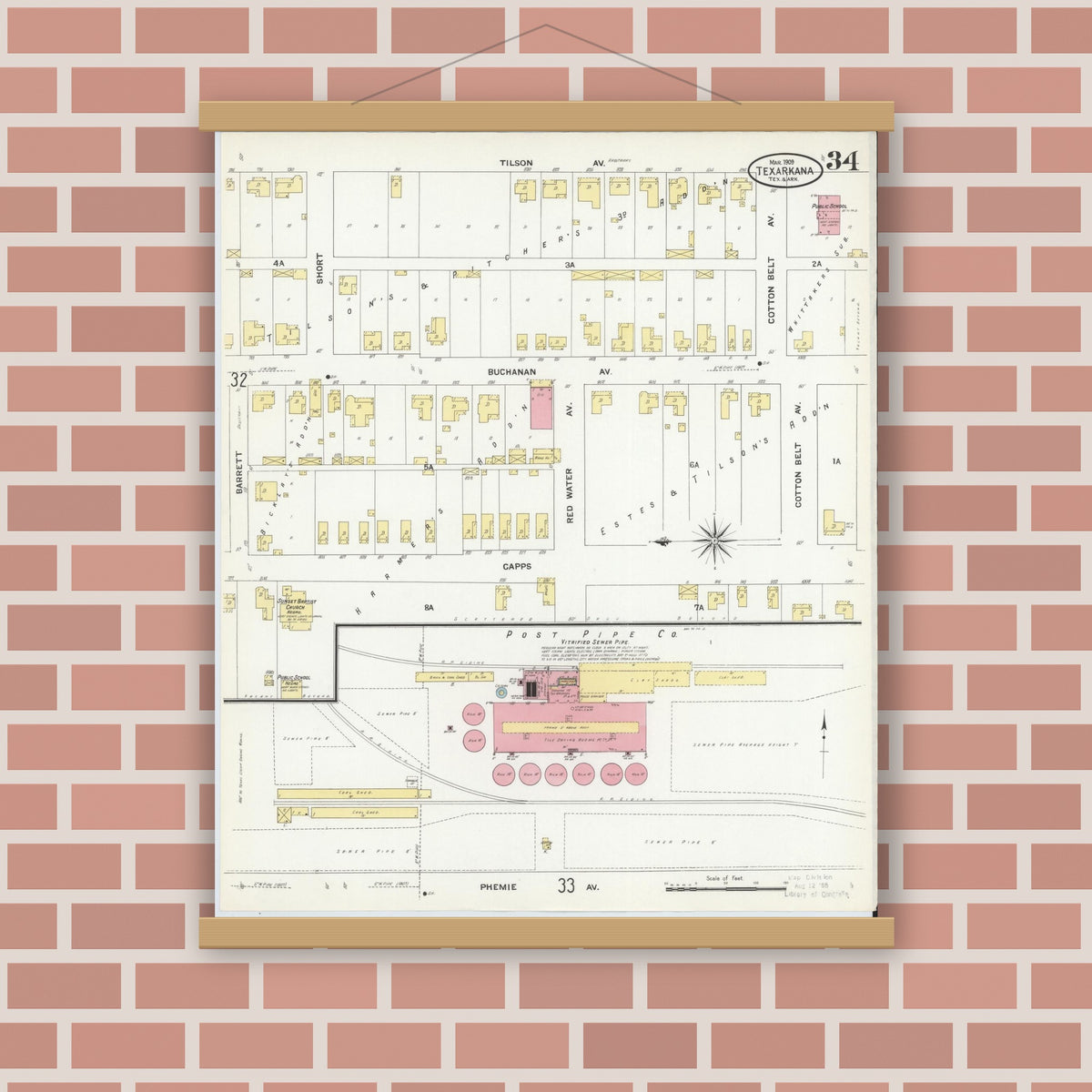 Old map wall art mockup — magnetic wood frame on brick wall — Sanborn Fire Insurance Map from Texarkana, Bowie County, Texas (1909), Sheet #0034
