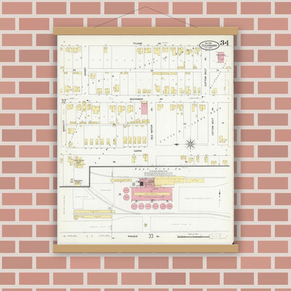 Old map wall art mockup — magnetic wood frame on brick wall — Sanborn Fire Insurance Map from Texarkana, Bowie County, Texas (1909), Sheet #0034