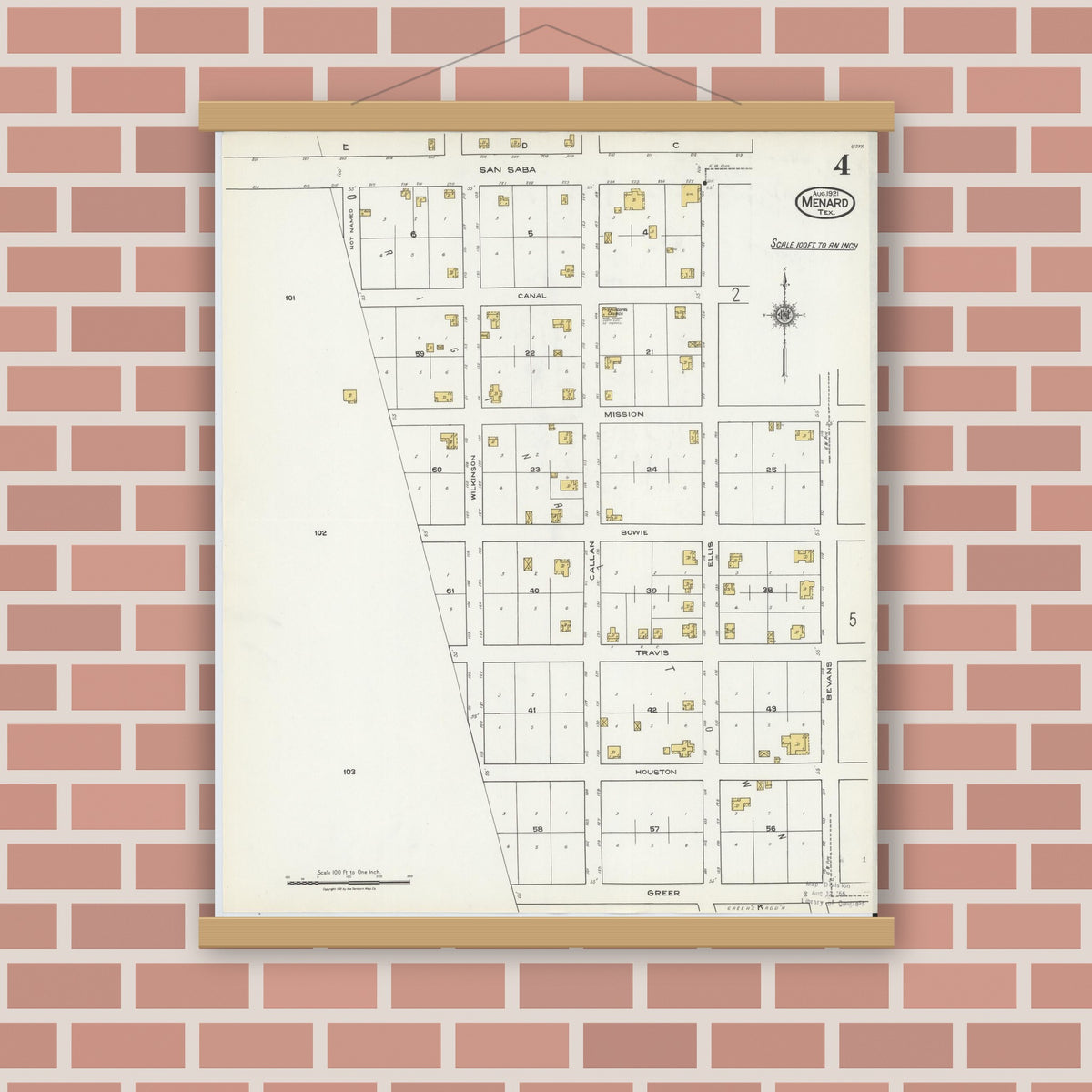 Old map wall art mockup — magnetic wood frame on brick wall — Sanborn Fire Insurance Map from Menard, Menard County, Texas (1921), Sheet #0004