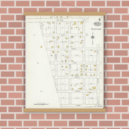 Old map wall art mockup — magnetic wood frame on brick wall — Sanborn Fire Insurance Map from Menard, Menard County, Texas (1921), Sheet #0004