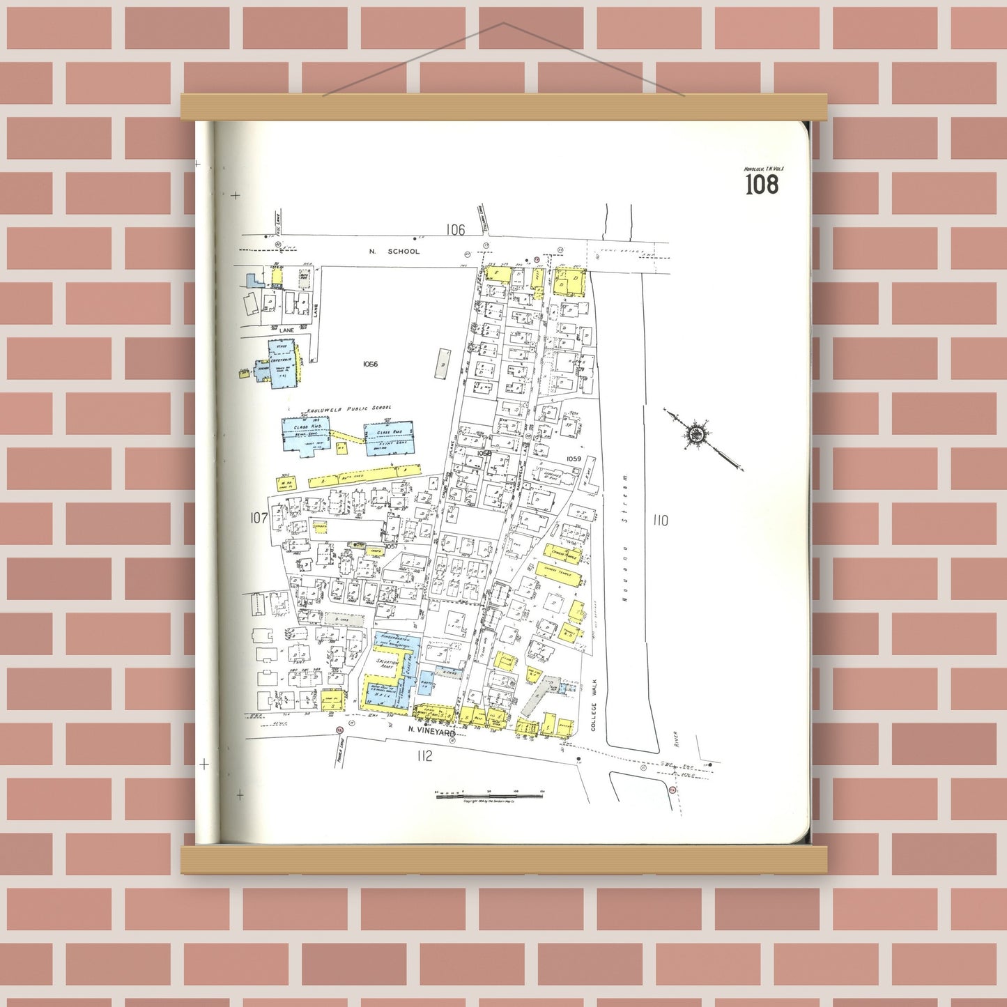 Old map wall art mockup — magnetic wood frame on brick wall — Sanborn Fire Insurance Map from Honolulu, Oahu County, Hawaii (1955), Sheet #0108