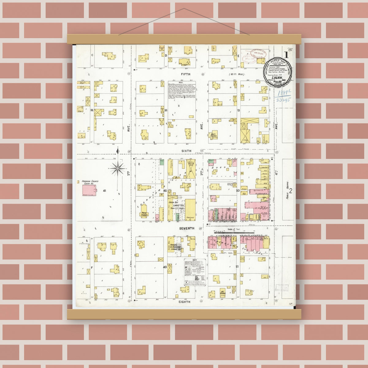 Old map wall art mockup — magnetic wood frame on brick wall — Sanborn Fire Insurance Map from Logan, Harrison County, Iowa (1899) â€” Complete Set