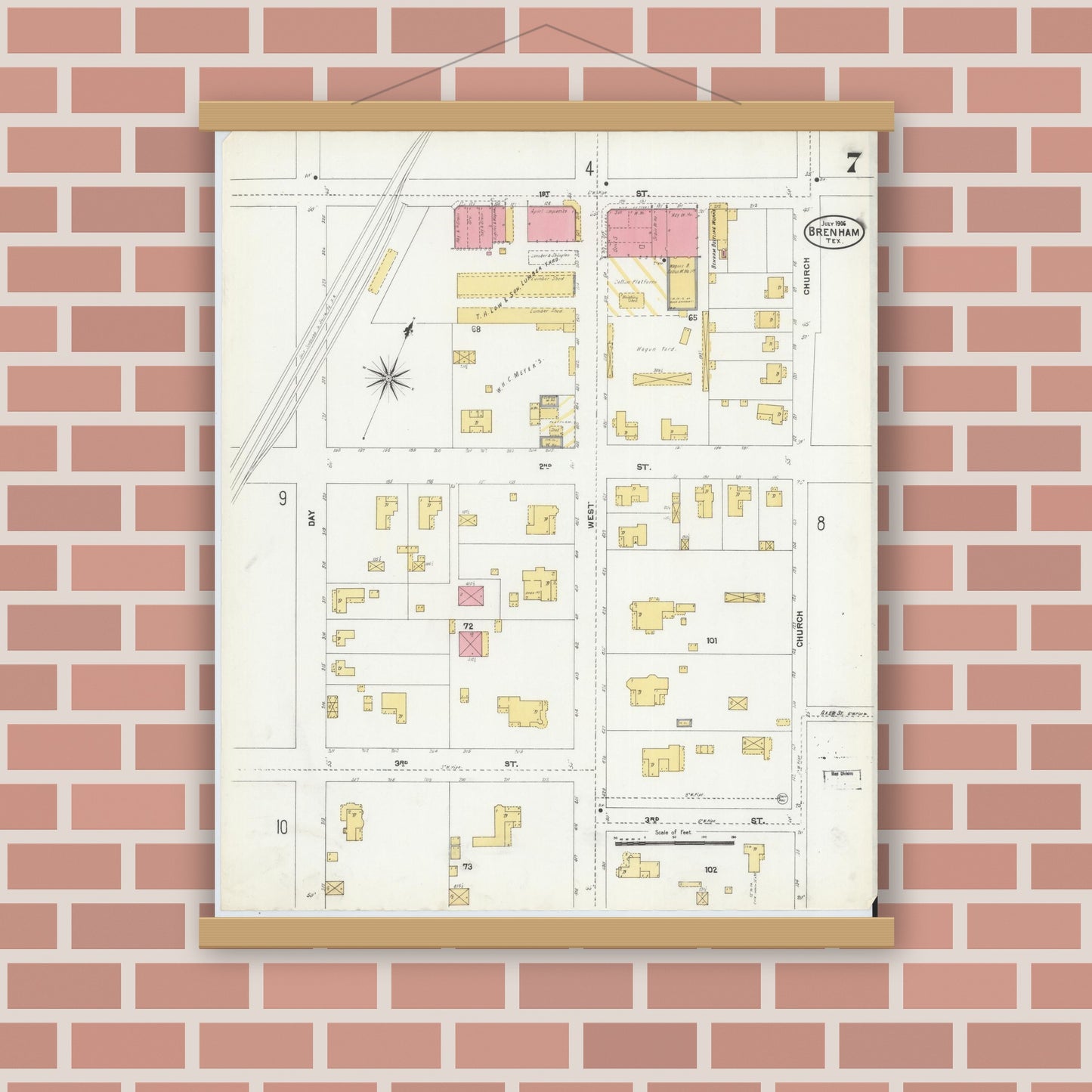 Old map wall art mockup — magnetic wood frame on brick wall — Sanborn Fire Insurance Map from Brenham, Washington County, Texas (1906), Sheet #0007