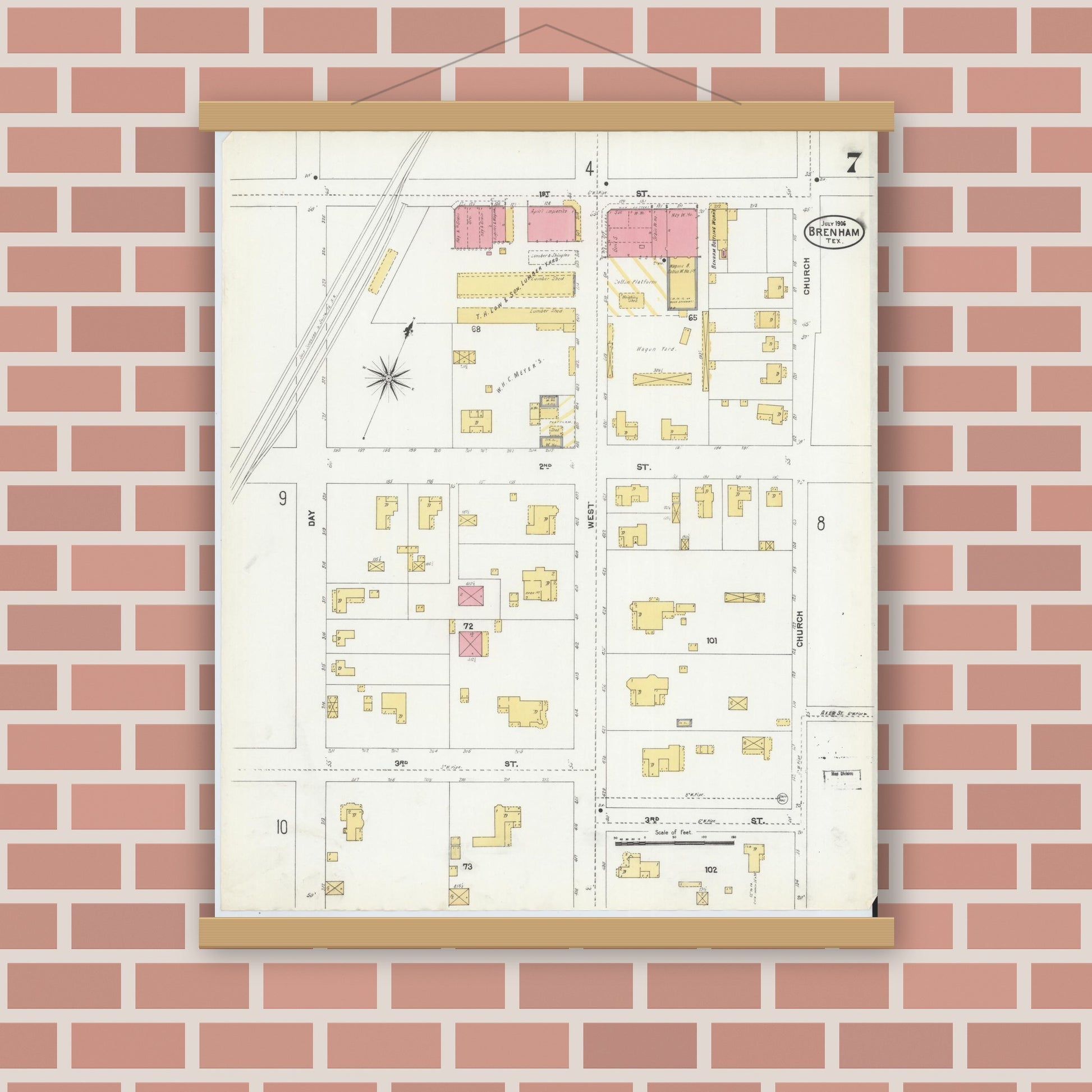 Old map wall art mockup — magnetic wood frame on brick wall — Sanborn Fire Insurance Map from Brenham, Washington County, Texas (1906), Sheet #0007