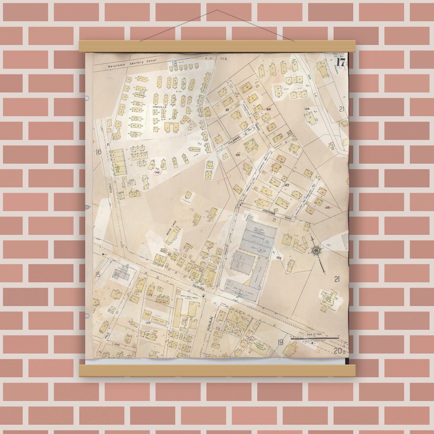 Old map wall art mockup — magnetic wood frame on brick wall — Sanborn Fire Insurance Map from Hilo, Hawaii County, Hawaii (1957), Sheet #0017