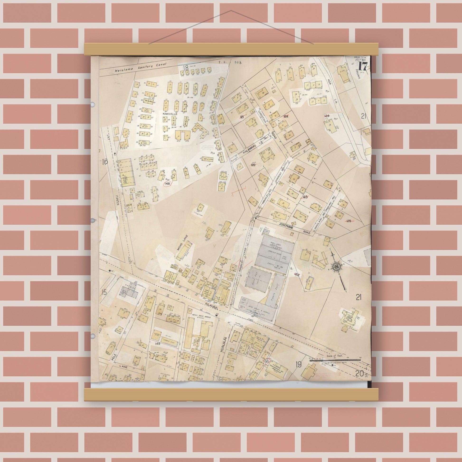 Old map wall art mockup — magnetic wood frame on brick wall — Sanborn Fire Insurance Map from Hilo, Hawaii County, Hawaii (1957), Sheet #0017