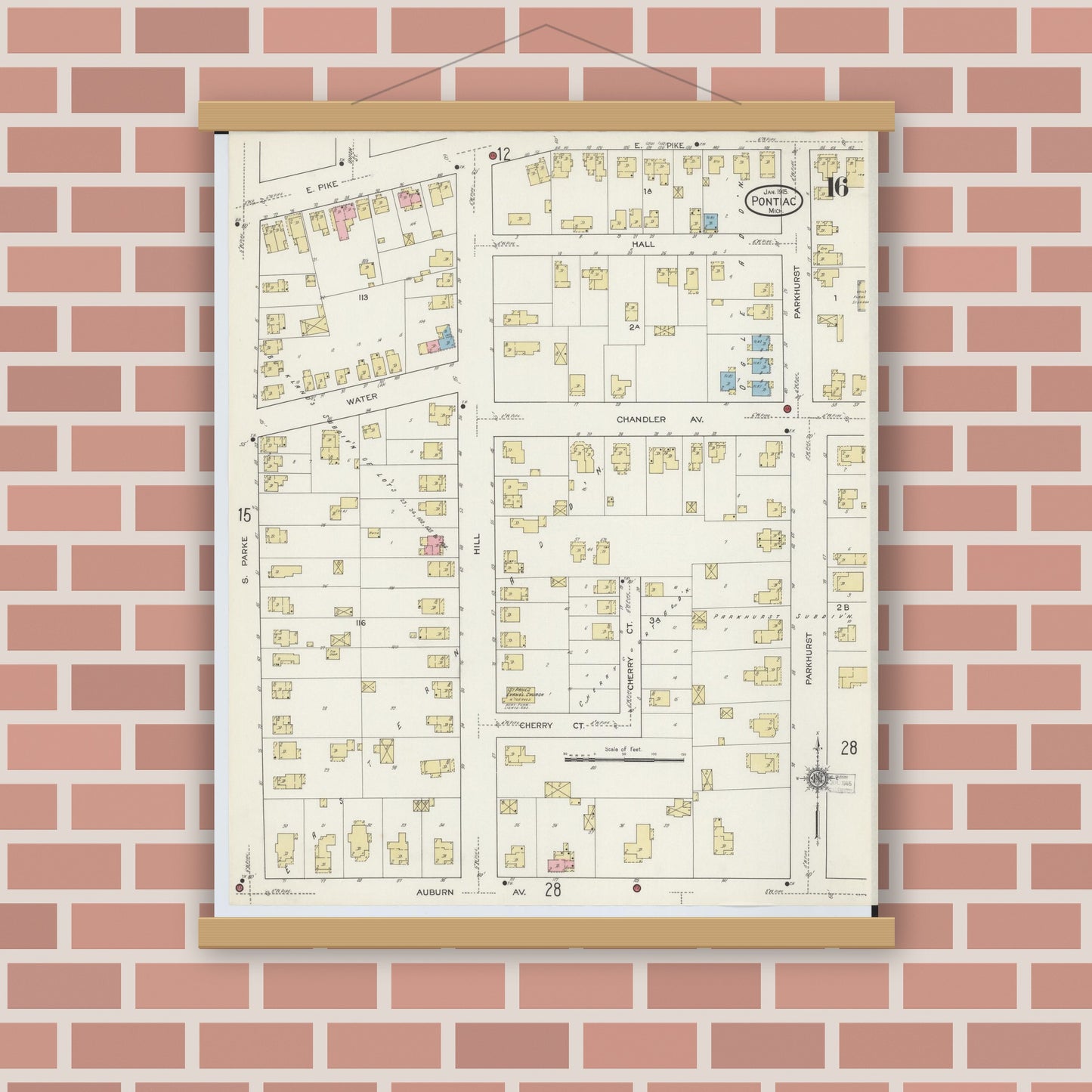 Old map wall art mockup — magnetic wood frame on brick wall — Sanborn Fire Insurance Map from Pontiac, Oakland County, Michigan (1915), Sheet #0016