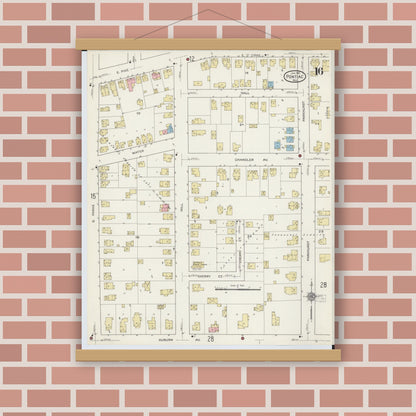 Old map wall art mockup — magnetic wood frame on brick wall — Sanborn Fire Insurance Map from Pontiac, Oakland County, Michigan (1915), Sheet #0016