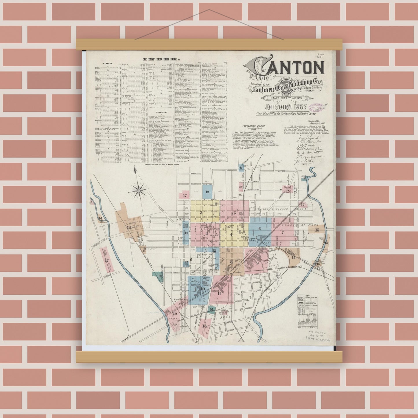 Old map wall art mockup — magnetic wood frame on brick wall — Sanborn Fire Insurance Map from Canton, Stark County, Ohio (1887) - Complete Map Set