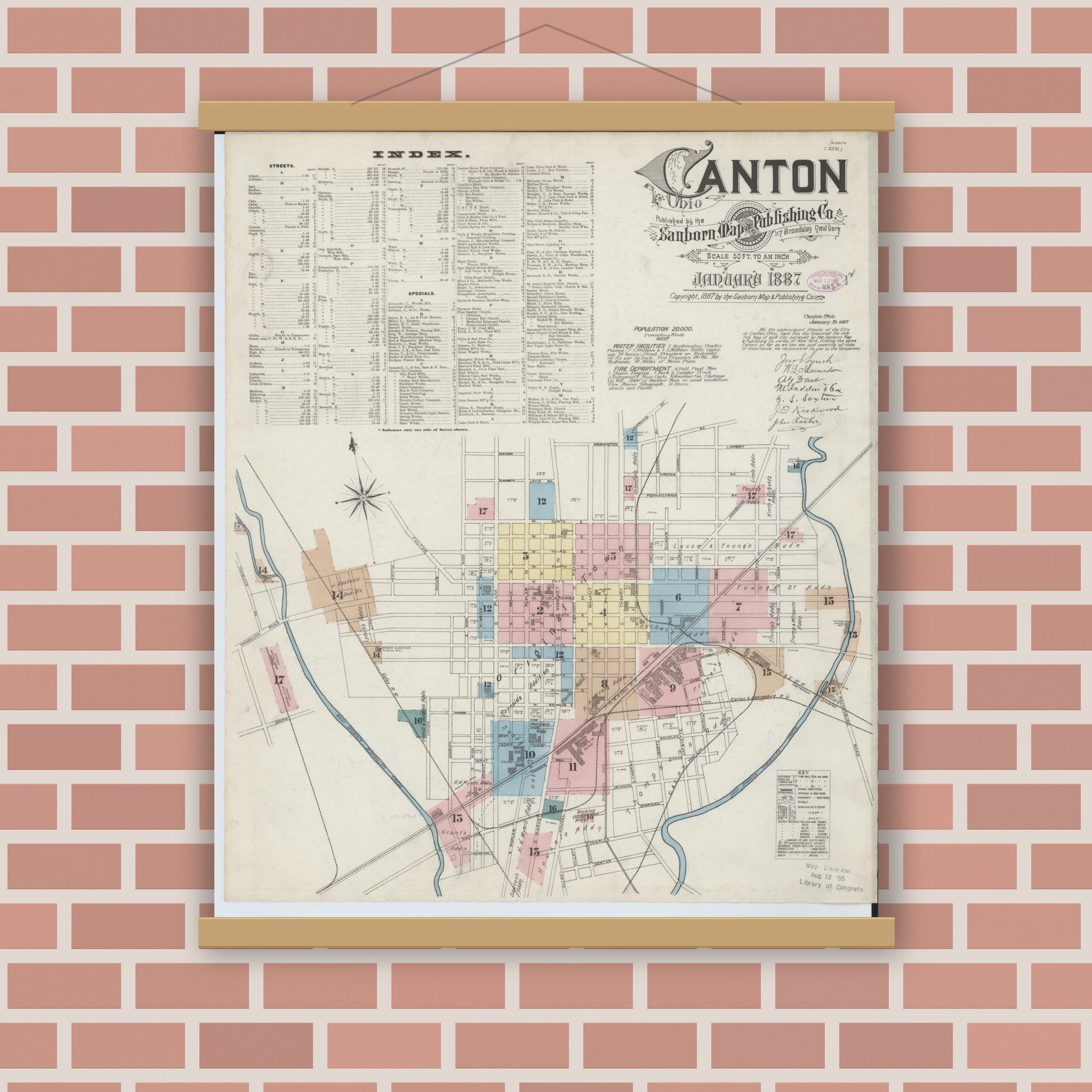 Old map wall art mockup — magnetic wood frame on brick wall — Sanborn Fire Insurance Map from Canton, Stark County, Ohio (1887) - Complete Map Set