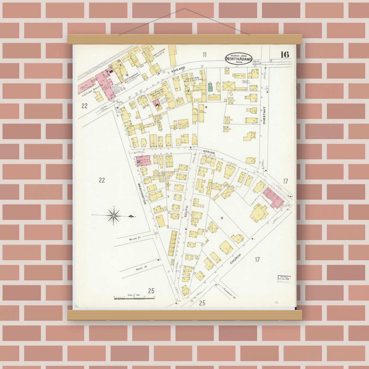Old map wall art mockup — magnetic wood frame on brick wall — Sanborn Fire Insurance Map from North Adams, Berkshire County, Massachusetts (1908), Sheet #0016