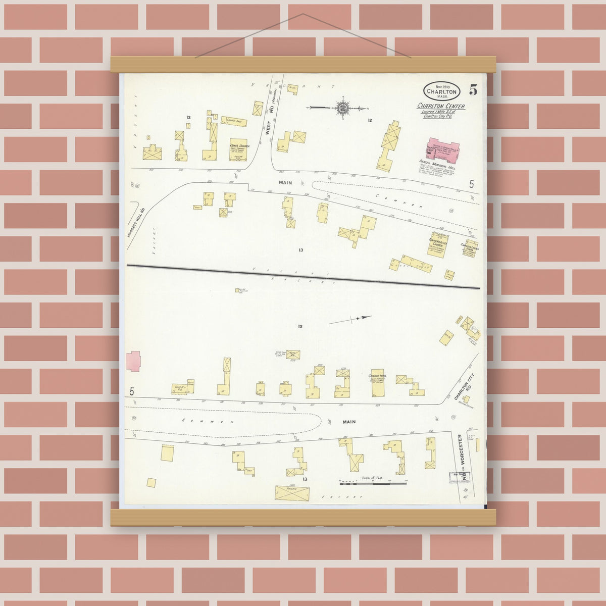 Old map wall art mockup — magnetic wood frame on brick wall — Sanborn Fire Insurance Map from Charlton, Worcester County, Massachusetts (1910), Sheet #0005
