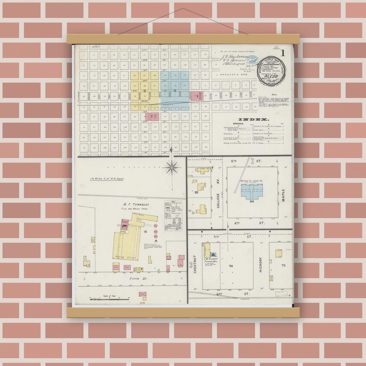 Old map wall art mockup — magnetic wood frame on brick wall — Sanborn Fire Insurance Map from Aledo, Mercer County, Illinois (1894), Sheet #0001