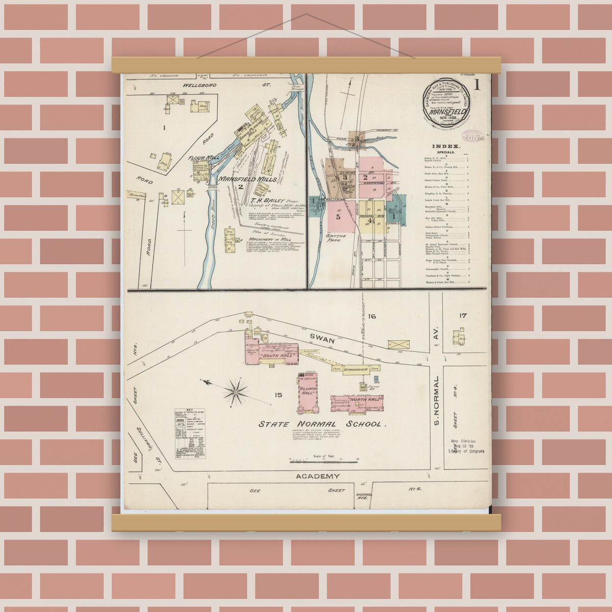 Old map wall art mockup — magnetic wood frame on brick wall — Sanborn Fire Insurance Map from Mansfield, Tioga County, Pennsylvania (1885) - Complete Map Set