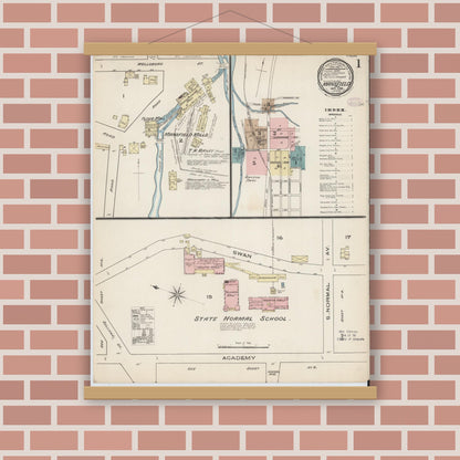 Old map wall art mockup — magnetic wood frame on brick wall — Sanborn Fire Insurance Map from Mansfield, Tioga County, Pennsylvania (1885) - Complete Map Set