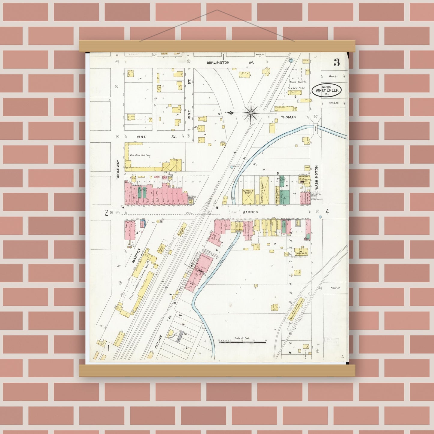 Old map wall art mockup — magnetic wood frame on brick wall — Sanborn Fire Insurance Map from What Cheer, Keokuk County, Iowa (1906), Sheet #0003