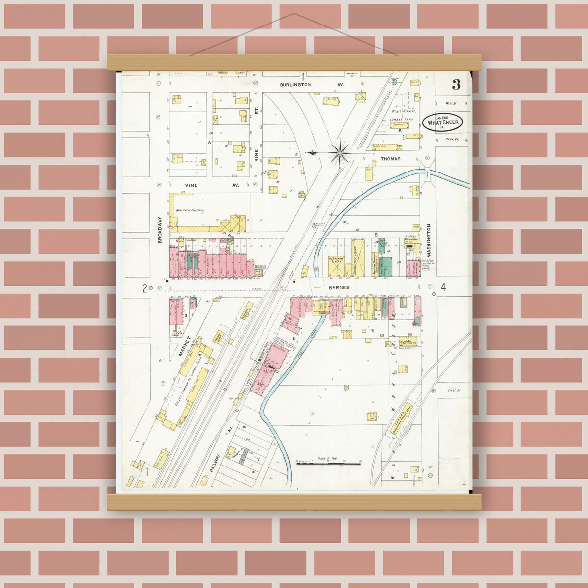 Old map wall art mockup — magnetic wood frame on brick wall — Sanborn Fire Insurance Map from What Cheer, Keokuk County, Iowa (1906), Sheet #0003