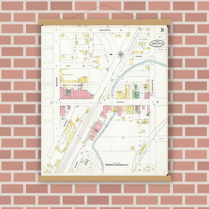 Old map wall art mockup — magnetic wood frame on brick wall — Sanborn Fire Insurance Map from What Cheer, Keokuk County, Iowa (1906), Sheet #0003