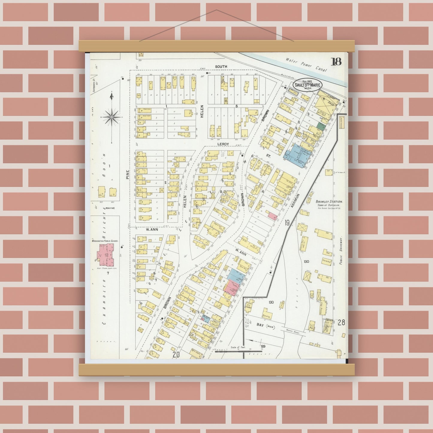 Old map wall art mockup — magnetic wood frame on brick wall — Sanborn Fire Insurance Map from Sault Sainte Marie, Chippewa County, Michigan (1902), Sheet #0018