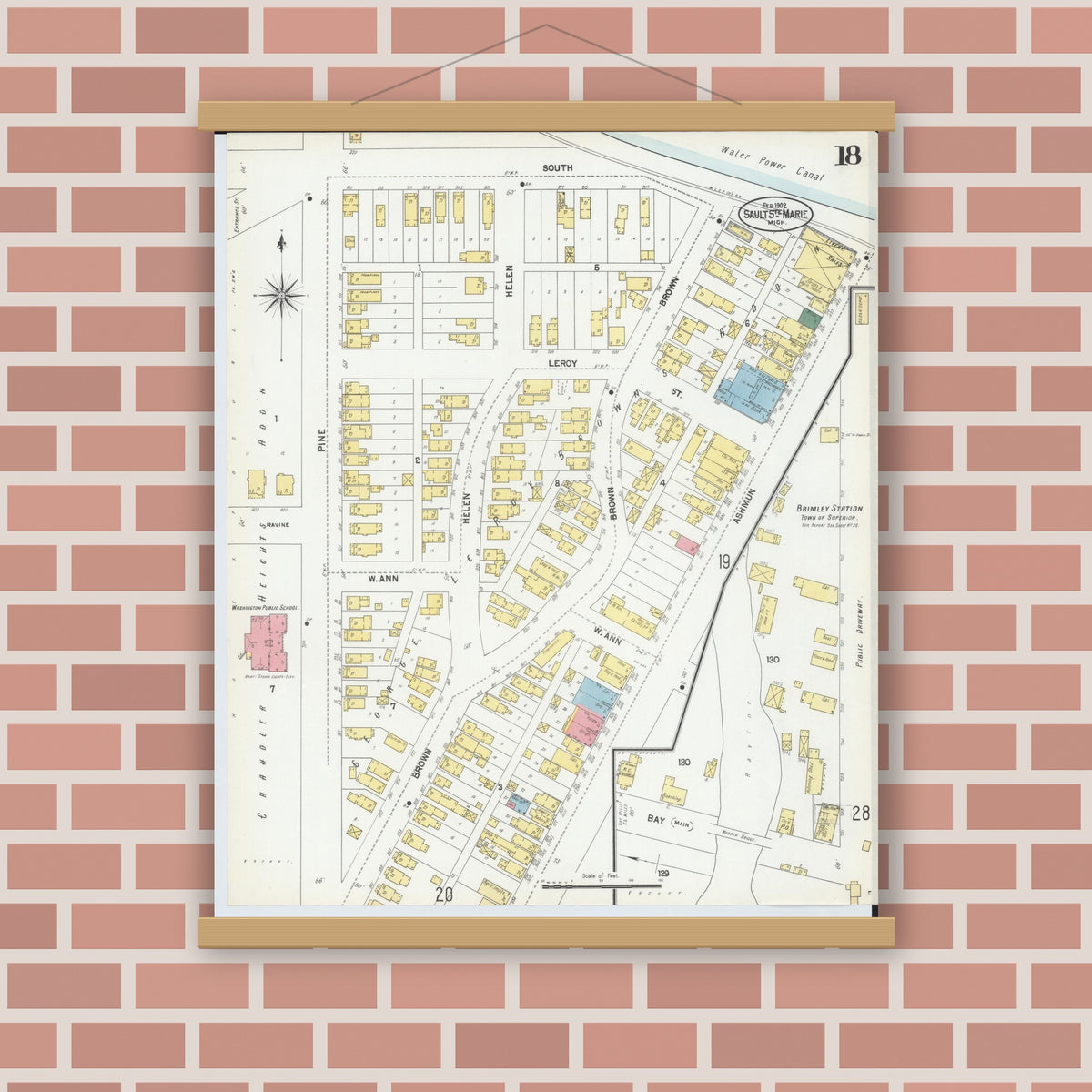 Old map wall art mockup — magnetic wood frame on brick wall — Sanborn Fire Insurance Map from Sault Sainte Marie, Chippewa County, Michigan (1902), Sheet #0018
