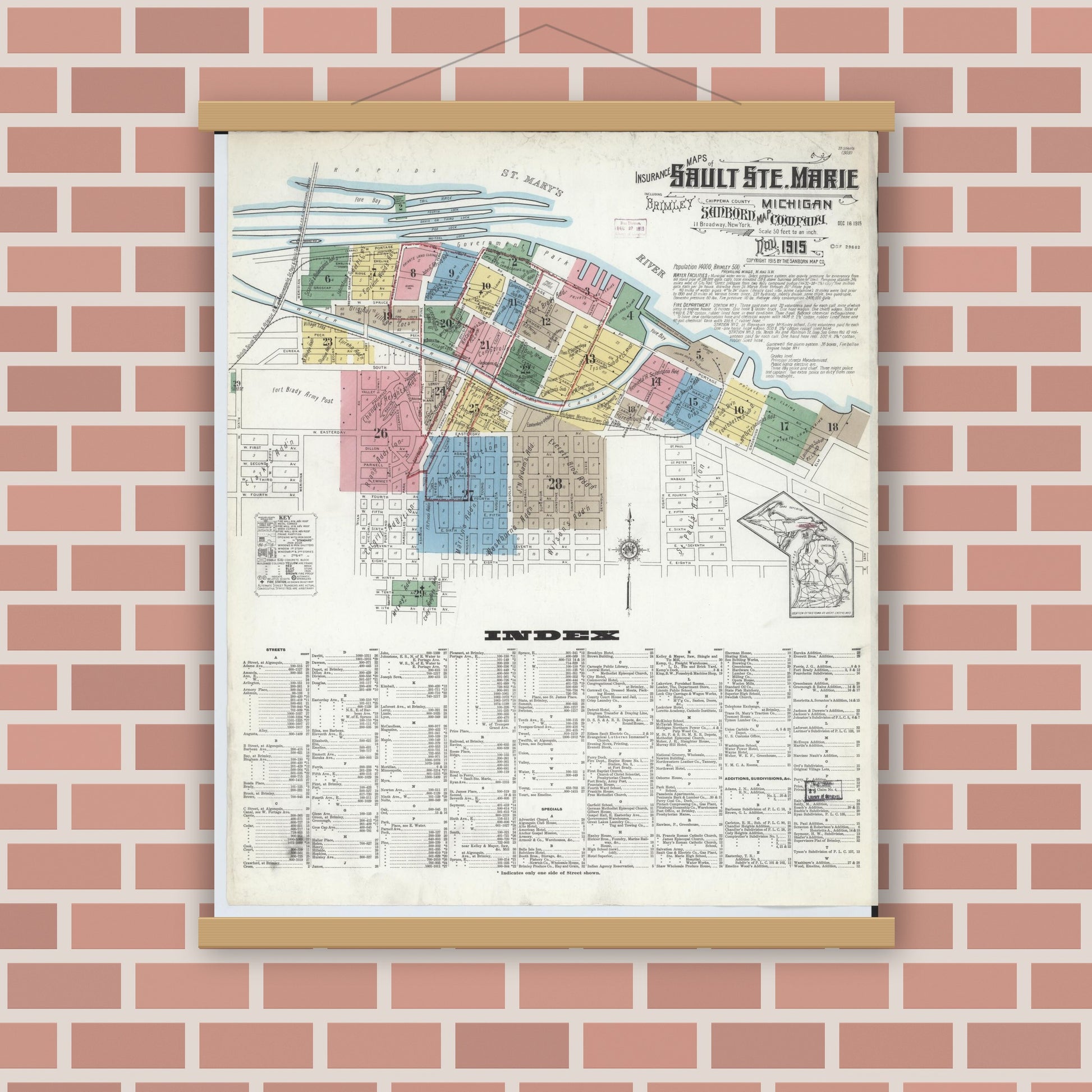 Old map wall art mockup — magnetic wood frame on brick wall — Sanborn Fire Insurance Map from Sault Sainte Marie, Chippewa County, Michigan (1915) - Complete Map Set