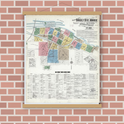 Old map wall art mockup — magnetic wood frame on brick wall — Sanborn Fire Insurance Map from Sault Sainte Marie, Chippewa County, Michigan (1915) - Complete Map Set