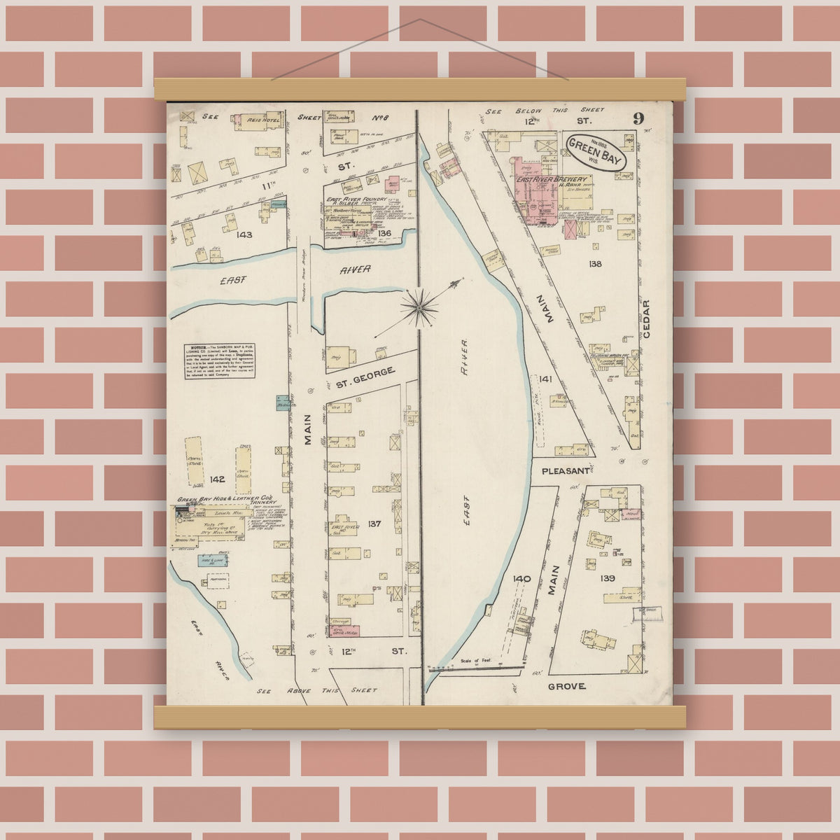 Old map wall art mockup — magnetic wood frame on brick wall — Sanborn Fire Insurance Map from Green Bay, Brown County, Wisconsin (1883), Sheet #0009