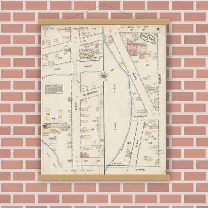Old map wall art mockup — magnetic wood frame on brick wall — Sanborn Fire Insurance Map from Green Bay, Brown County, Wisconsin (1883), Sheet #0009