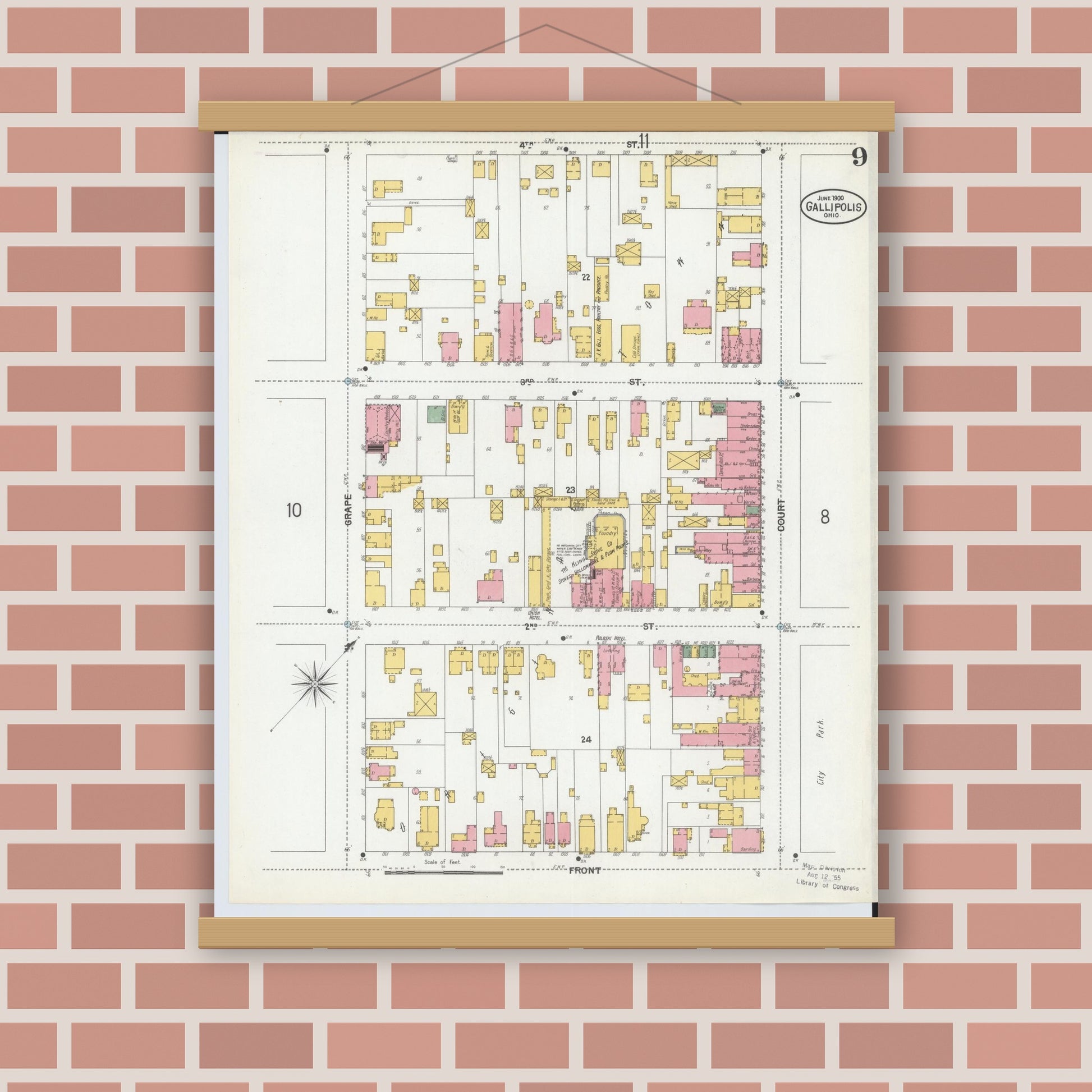 Old map wall art mockup — magnetic wood frame on brick wall — Sanborn Fire Insurance Map from Gallipolis, Gallia County, Ohio (1900), Sheet #0009