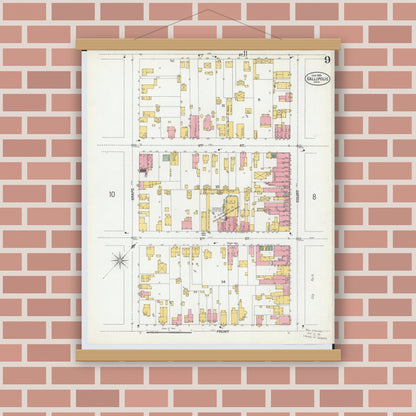 Old map wall art mockup — magnetic wood frame on brick wall — Sanborn Fire Insurance Map from Gallipolis, Gallia County, Ohio (1900), Sheet #0009
