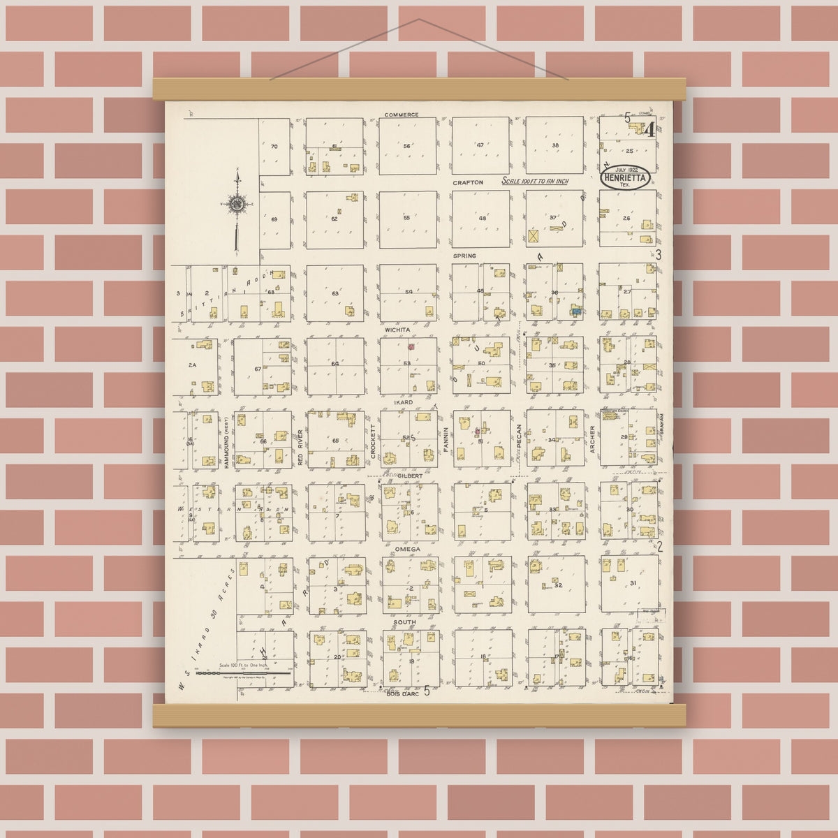 Old map wall art mockup — magnetic wood frame on brick wall — Sanborn Fire Insurance Map from Henrietta, Clay County, Texas (1922), Sheet #0004