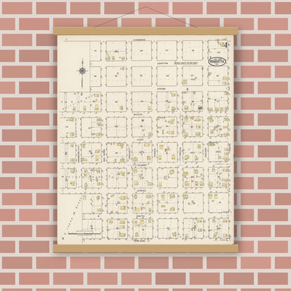 Old map wall art mockup — magnetic wood frame on brick wall — Sanborn Fire Insurance Map from Henrietta, Clay County, Texas (1922), Sheet #0004