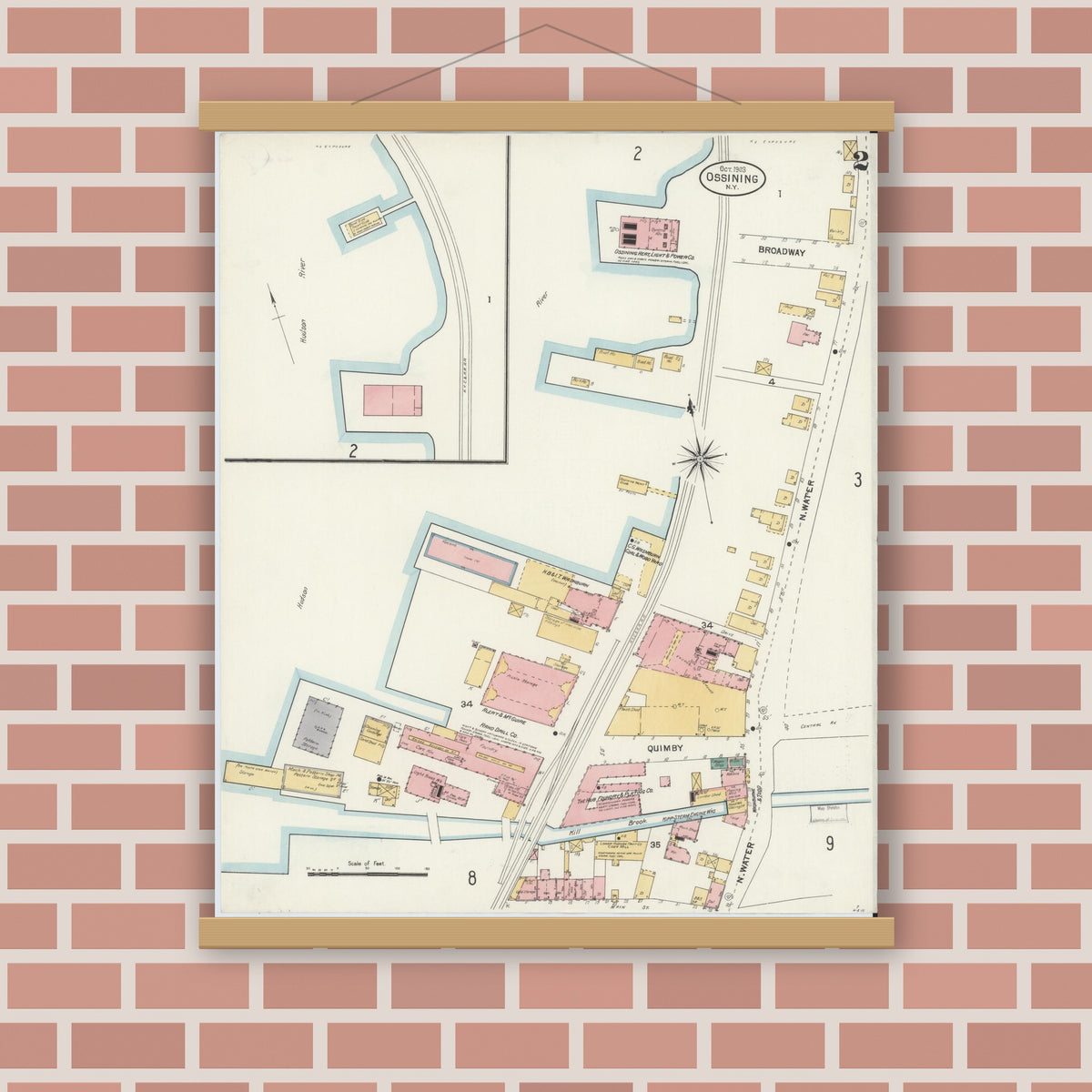 Old map wall art mockup — magnetic wood frame on brick wall — Sanborn Fire Insurance Map from Ossining, Westchester County, New York (1903), Sheet #0002