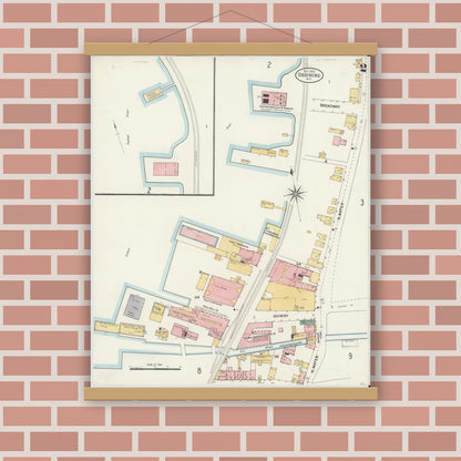 Old map wall art mockup — magnetic wood frame on brick wall — Sanborn Fire Insurance Map from Ossining, Westchester County, New York (1903), Sheet #0002