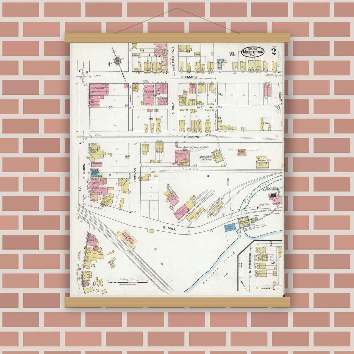 Old map wall art mockup — magnetic wood frame on brick wall — Sanborn Fire Insurance Map from Middletown, Dauphin County, Pennsylvania (1920), Sheet #0002