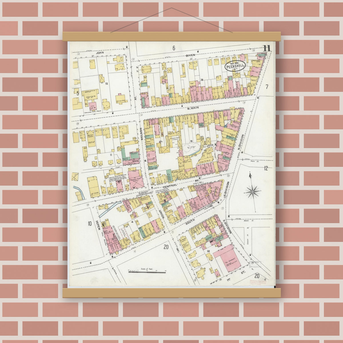 Old map wall art mockup — magnetic wood frame on brick wall — Sanborn Fire Insurance Map from Peekskill, Westchester County, New York (1905), Sheet #0011