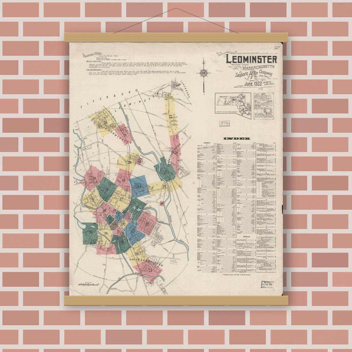 Old map wall art mockup — magnetic wood frame on brick wall — Sanborn Fire Insurance Map from Leominster, Worcester County, Massachusetts (1922), Sheet #0001